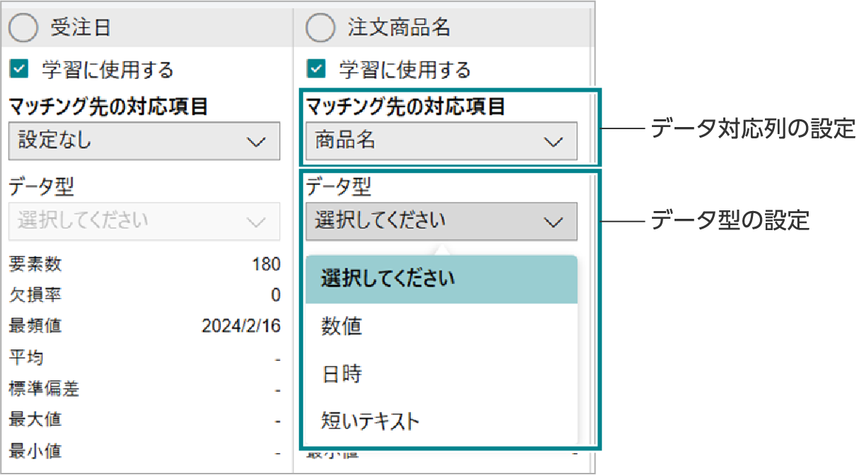 データ対応列の設定/データ型の設定