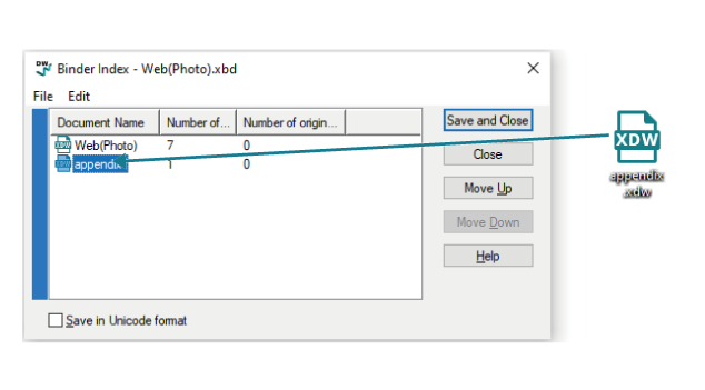 Image of a document imported to the [Binder Index] dialog box by dragging-and-dropping