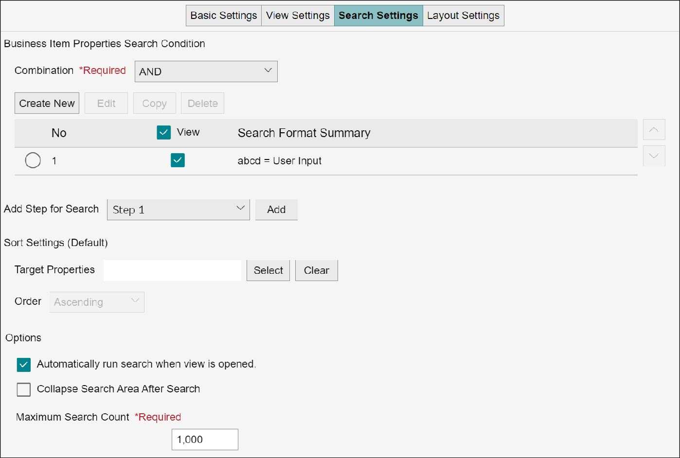 View Definition Button Search Settings of View Definition