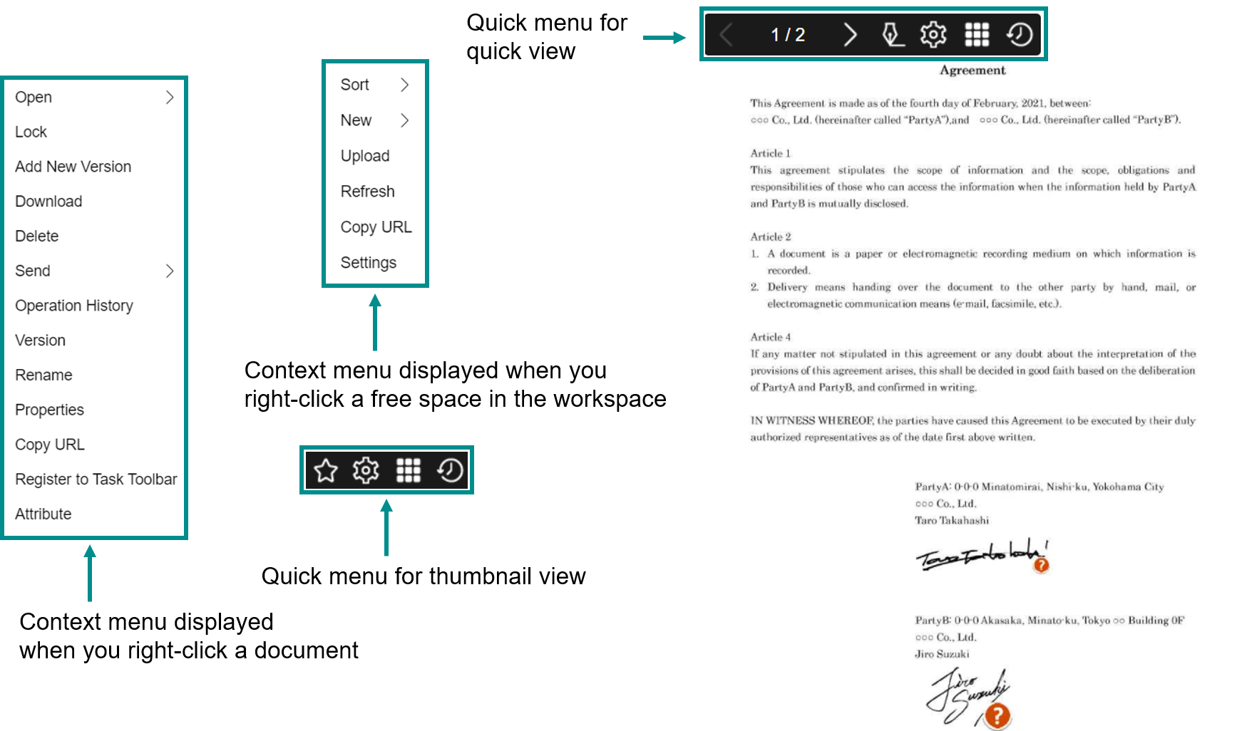 Menus for thumbnail view